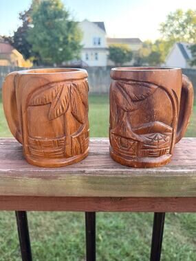 Vintage Monkey Pod Wood Tiki Mugs Pair Hand Carved Palm Tree Hut Souvenir Cups